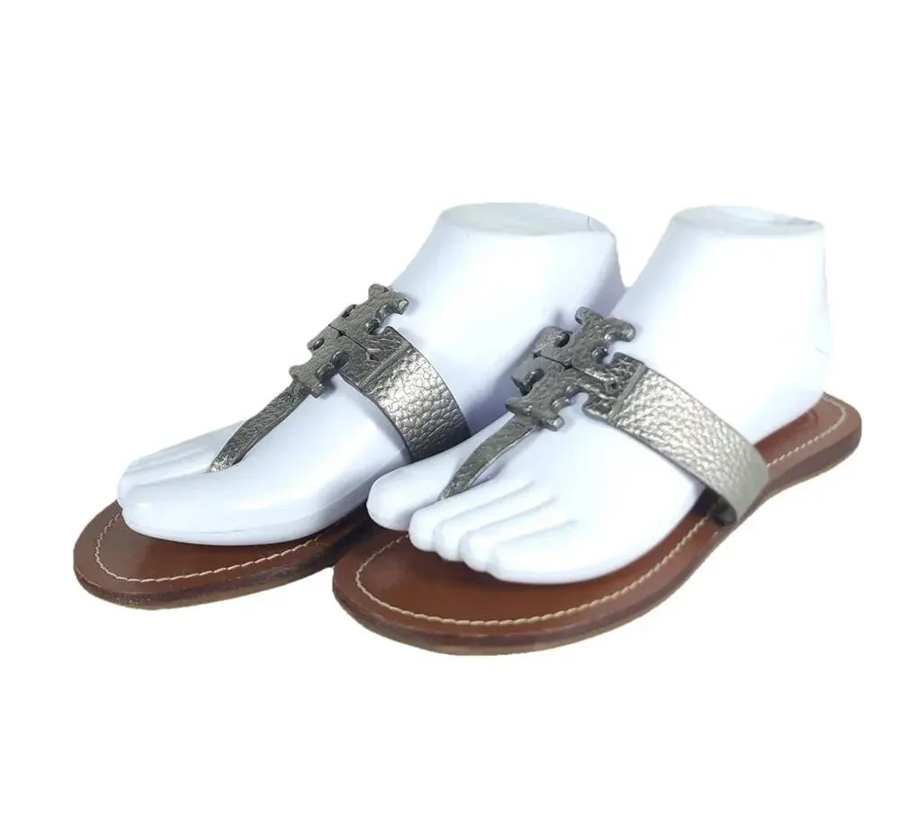 Tory Burch Women's Moore US 7M Metalic Pewter Leather SlipOn Flat Thong Sandals
